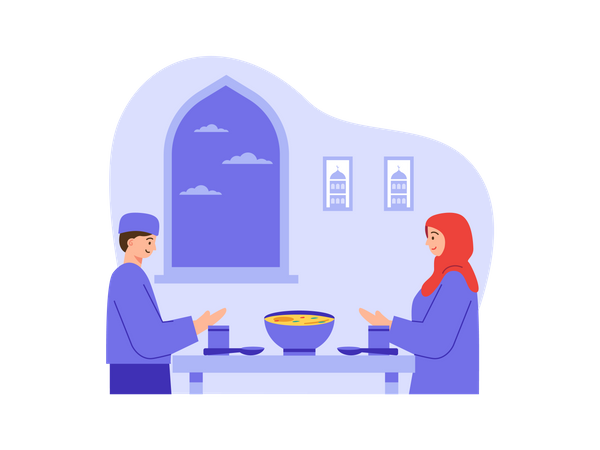 Muslim couple praying before eating  Illustration