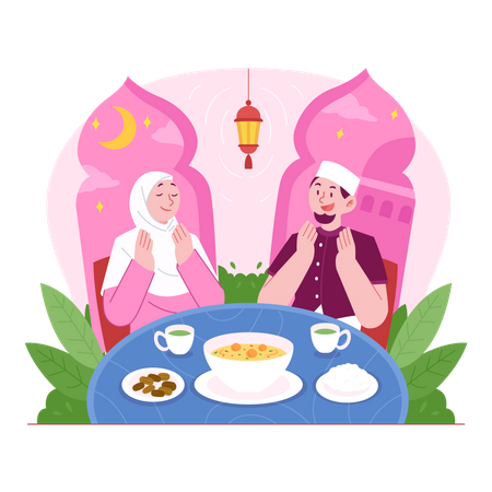 Muslim couple praying before having iftar Illustration