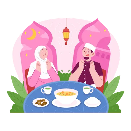 Muslim couple praying before having iftar Illustration