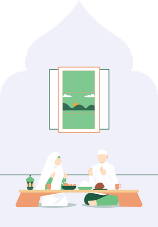 Muslim couple praying before having iftar food Illustration
