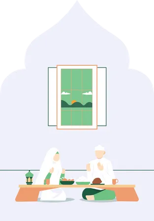 Muslim couple praying before having iftar food  Illustration