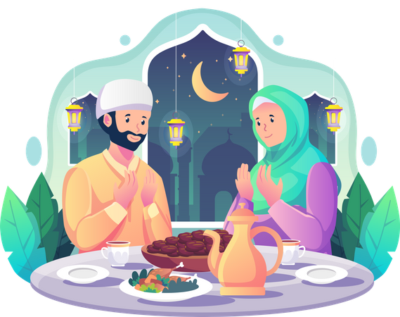 Muslim couple praying before having iftar  Illustration