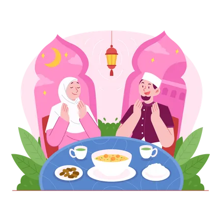 Muslim couple praying before having iftar  Illustration