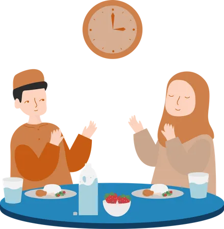 Muslim couple praying before iftar party Illustration