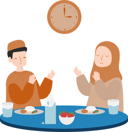 Muslim couple praying before iftar party  Illustration