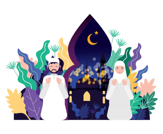 Muslim couple praying during night Illustration