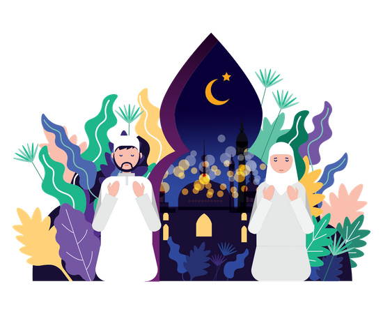 Muslim couple praying during night  Illustration