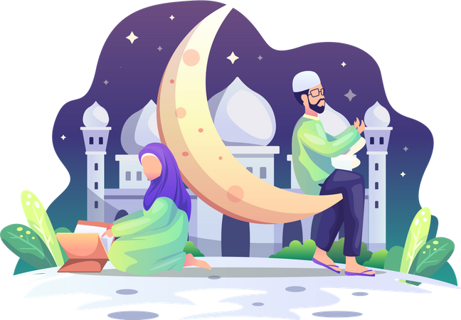 Muslim couple praying during Ramadan Kareem  Illustration