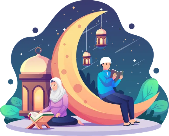 Muslim couple praying during Ramadan Kareem Illustration