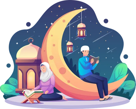 Muslim couple praying during Ramadan Kareem  Illustration