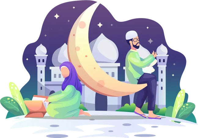 Muslim couple praying during Ramadan Kareem  Illustration