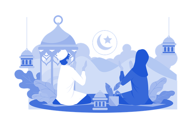 Muslim Couple Praying On Night Ramadan  Illustration