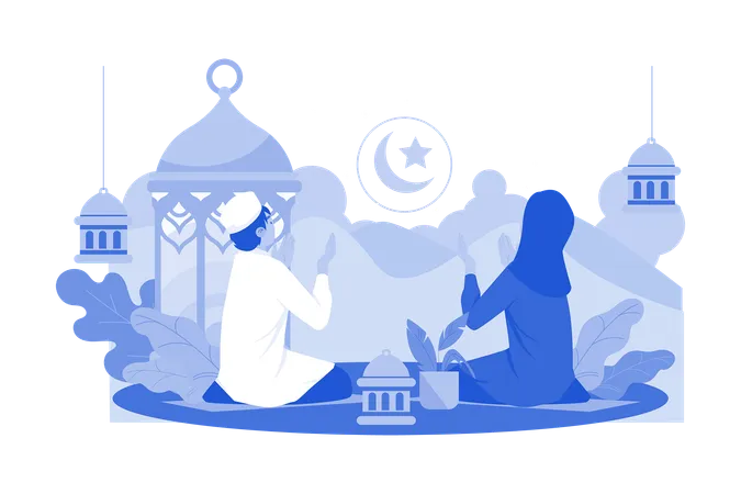 Muslim Couple Praying On Night Ramadan  Illustration