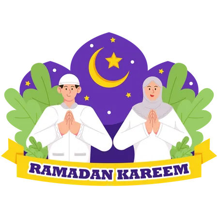 Muslim couple praying on Ramadan Kareem Illustration