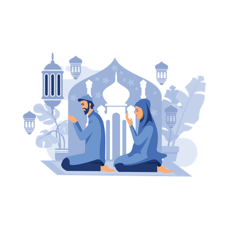 Muslim couple praying together Illustration