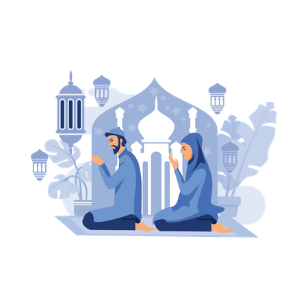 Muslim couple praying together  Illustration