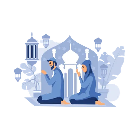 Muslim couple praying together  Illustration