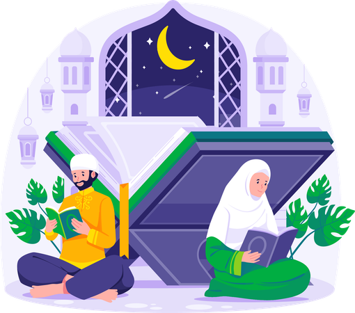 Muslim couple reading and studying the Quran in the mosque during Ramadan Kareem  Illustration