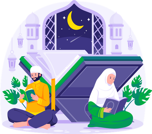 Muslim couple reading and studying the Quran in the mosque during Ramadan Kareem Illustration