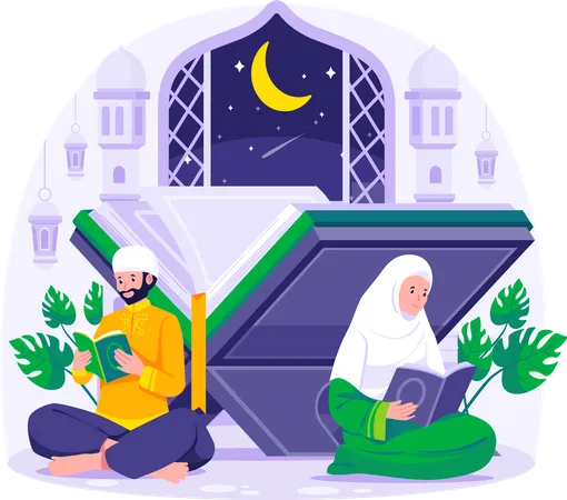 Muslim couple reading and studying the Quran in the mosque during Ramadan Kareem  Illustration