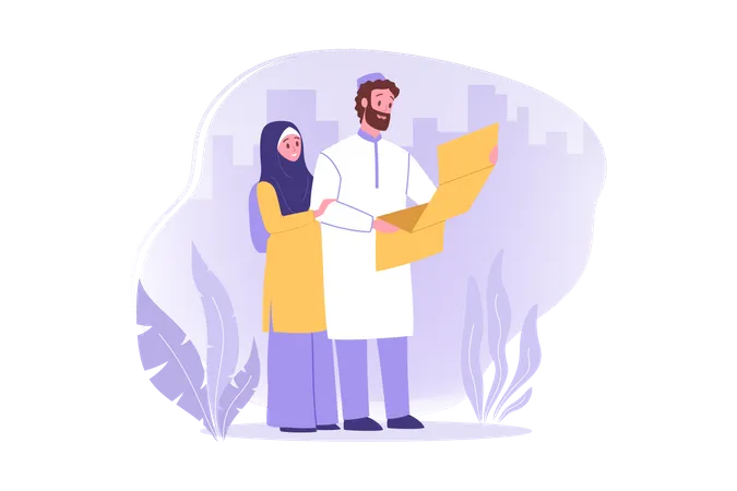 Muslim couple reading letter  Illustration