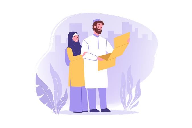 Muslim couple reading letter  Illustration