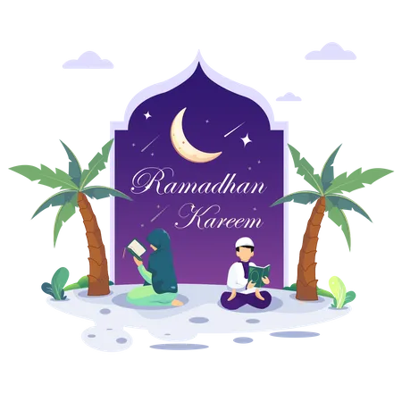 Happy Ramadan Concept Illustration Muslim Couple Reading And Studying The Quran During Ramadan Kareem Holy Month Illustration