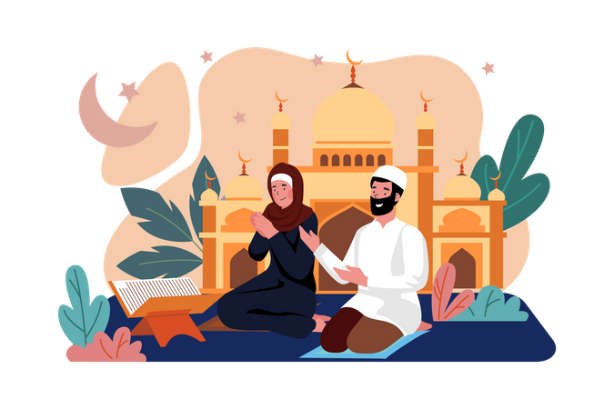 Muslim couple reading Quran Illustration
