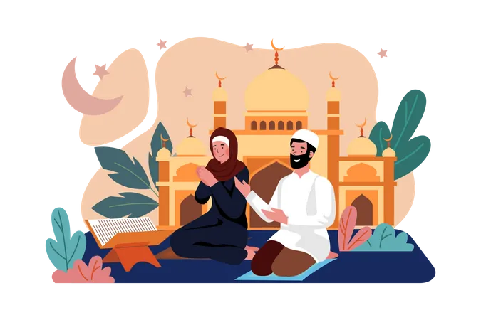 Muslim couple reading Quran  Illustration