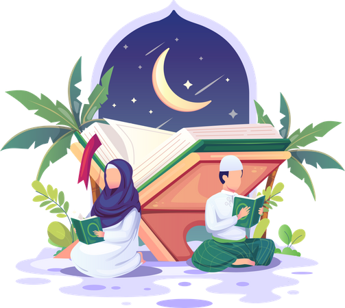 Muslim couple reading Quran during Ramadan Kareem Illustration