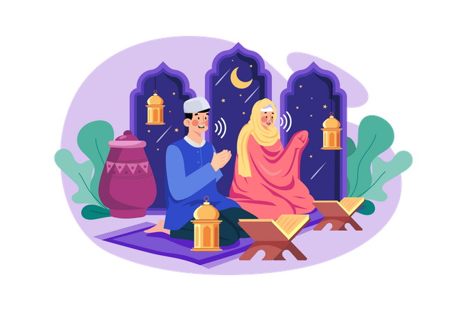 Muslim couple reading Quran during Ramadan Kareem  Illustration