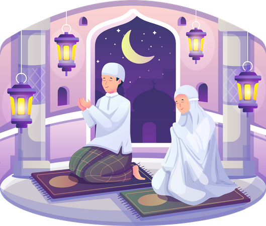 Muslim couple reading Quran during Ramadan Kareem  Illustration