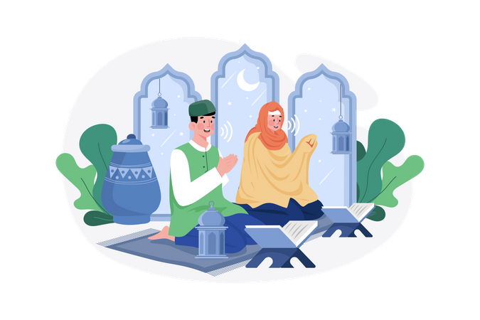 Muslim couple reading Quran during Ramadan Kareem  Illustration