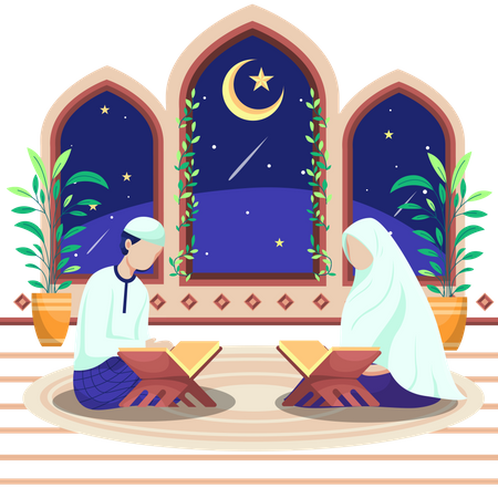 Muslim couple reading Quran during Ramadan Kareem  Illustration