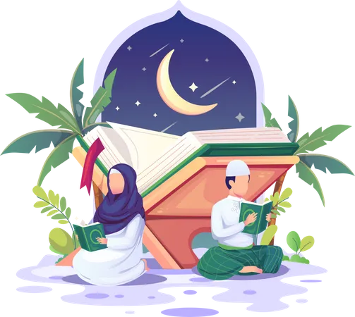 Muslim couple reading Quran during Ramadan Kareem  Illustration