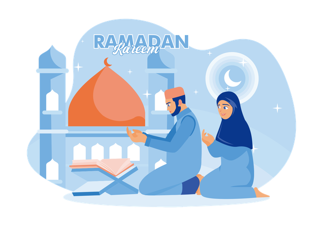 Muslim Couple Reading The Quran And Praying Together  Illustration