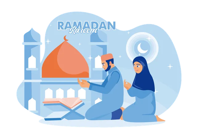 Muslim Couple Reading The Quran And Praying Together  Illustration