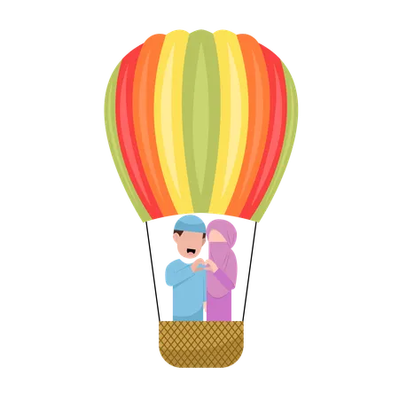 Muslim couple Riding Hot Air Balloon  Illustration