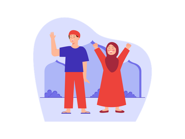 Muslim couple saying goodbye to guest Illustration