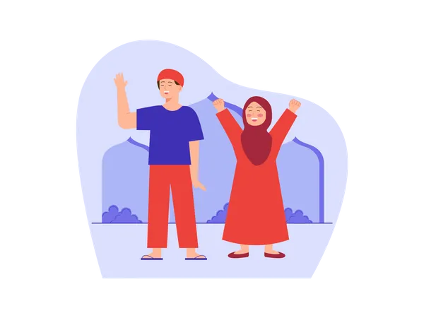 Muslim couple saying goodbye to guest Illustration