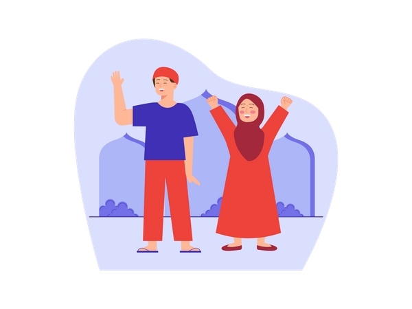 Muslim couple saying goodbye to guest  Illustration