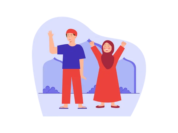 Muslim couple saying goodbye to guest  Illustration