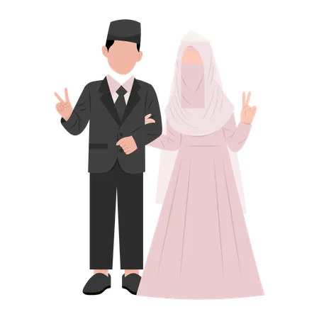 Muslim couple showing victory hands  Illustration