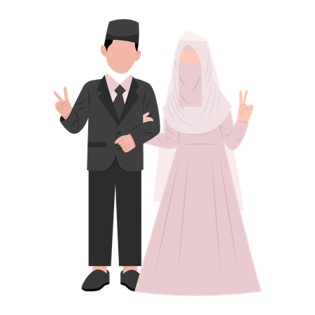 Muslim couple showing victory hands  Illustration