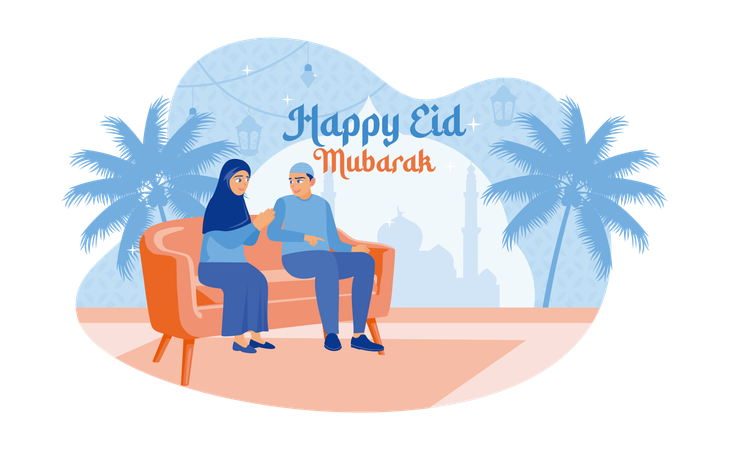 Muslim Couple Sitting On The Sofa Inside The House Celebrating Eid  Illustration