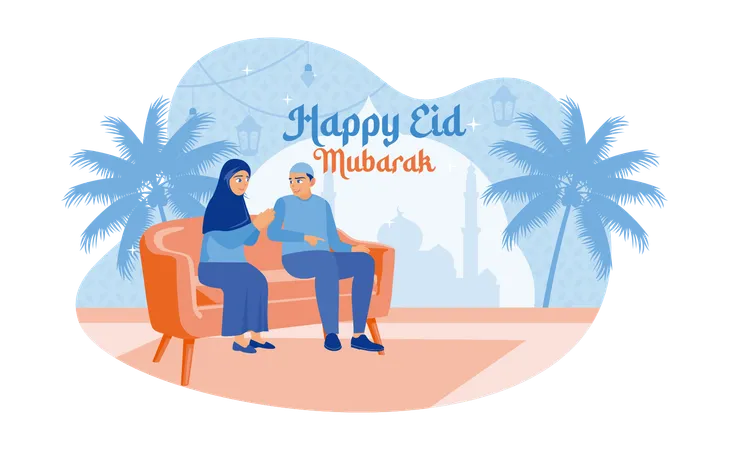 Muslim Couple Sitting On The Sofa Inside The House Celebrating Eid  Illustration