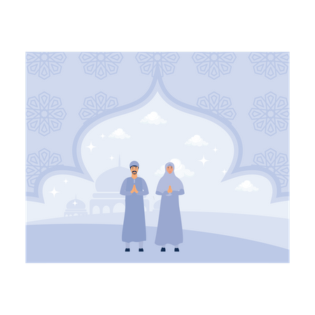 Muslim couple standing while greeting ramadan  Illustration