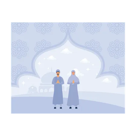 Muslim couple standing while greeting ramadan  イラスト