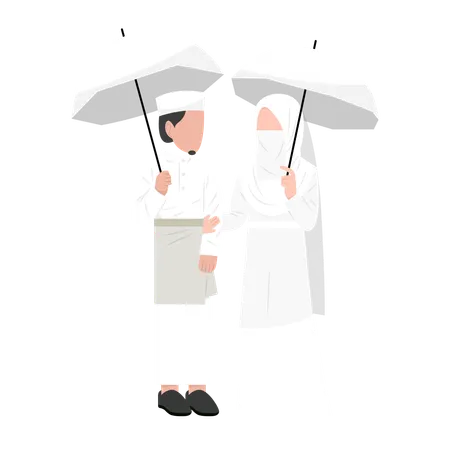 Muslim couple standing with umbrella  Illustration