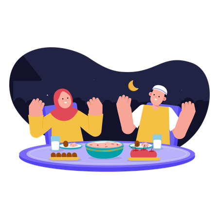 Muslim couple taking Iftar food  イラスト